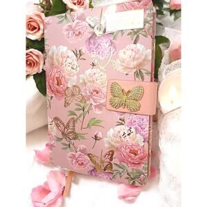 Badgley Mischka JEWELED Journal Notebook PINK ROSES & Butterfly Cottage Lined